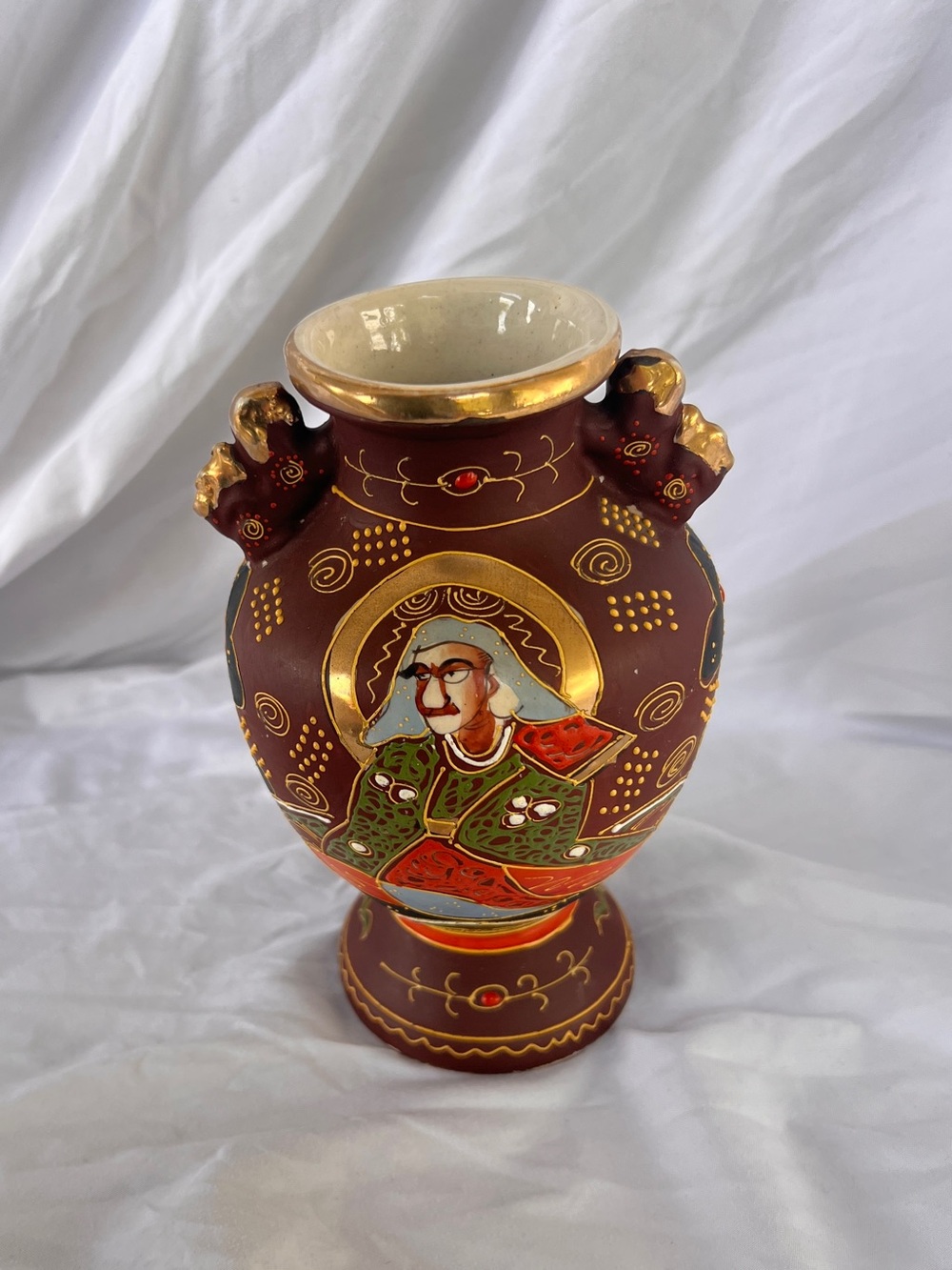 Hand-Painted Brown and Gold Decorative Vase with Portrait